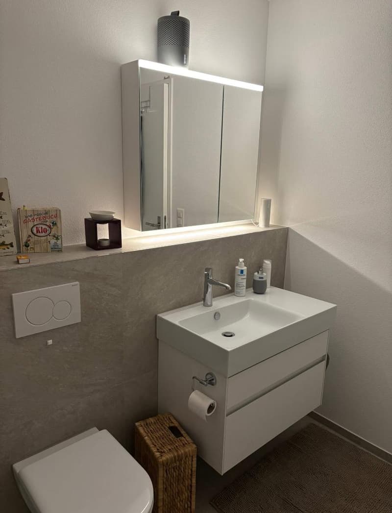 modern bathroom, white walls, white sink, mirror, built-in lighting, modern toilet, wicker basket, grey rug, white and grey tones