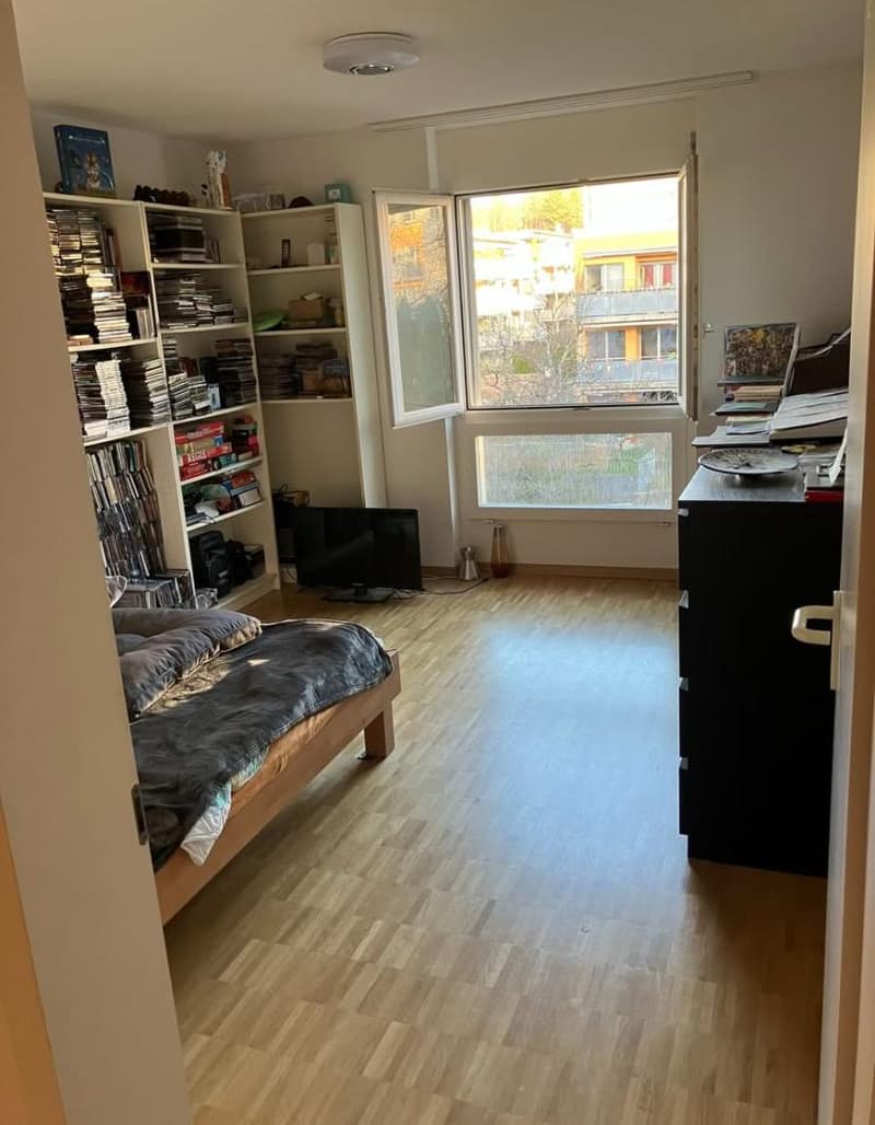 single bed, bookshelves, desk, monitor, double window
