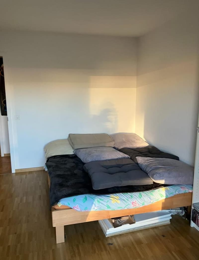 Empty room with wooden bed, multiple pillows, wooden floor, white walls