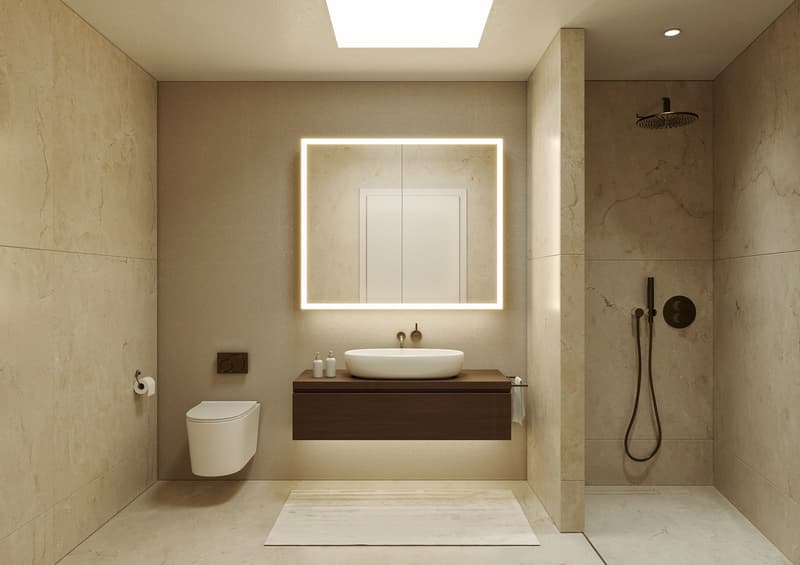 modern design with a vanity sink, a large mirror, a toilet, a shower area, and beige tiles