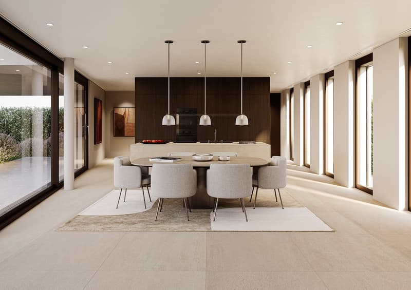 A large open area with modern design, features a dining table, chairs, large glass windows, and minimalistic lighting.