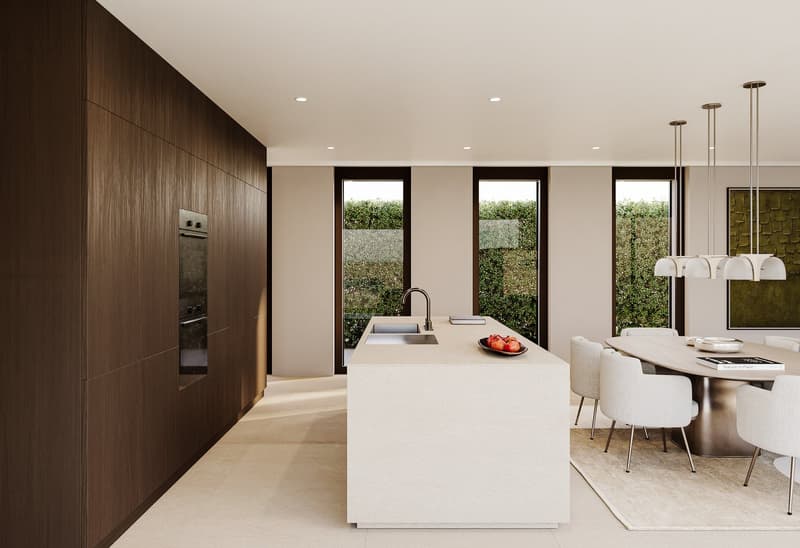 modern kitchen with large windows, stainless steel appliances, large dining table, white chairs, chandeliers