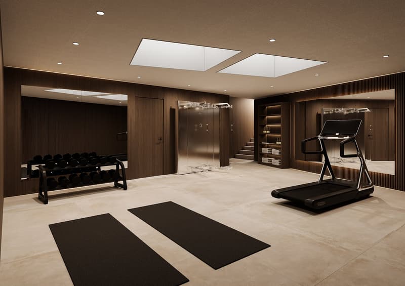 Home gym room, tiled floor, treadmill, black yoga mats, wooden wall, mirrored walls, dumbbells rack, glass shower enclosure, built-in shelves, recessed lighting