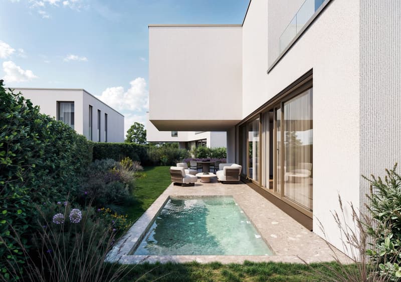 Modern house, white walls, large glass windows, small outdoor swimming pool, outdoor seating area