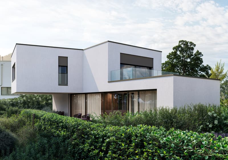 modern, white, two-story house, large glass windows, balcony, outdoor seating area, hedge