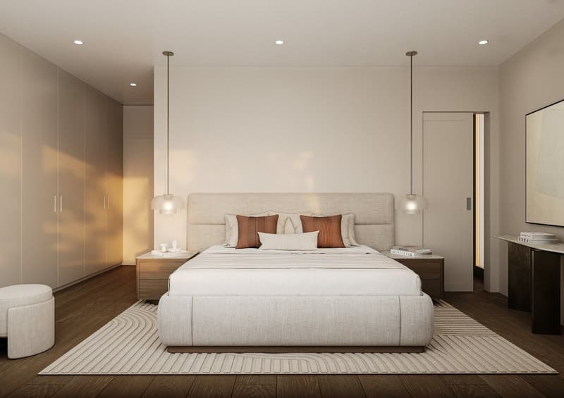 Modern bedroom with white bed, beige headboard, bedside tables, nightstands, lamps, rug, beige wardrobe, white ottoman, wooden floor