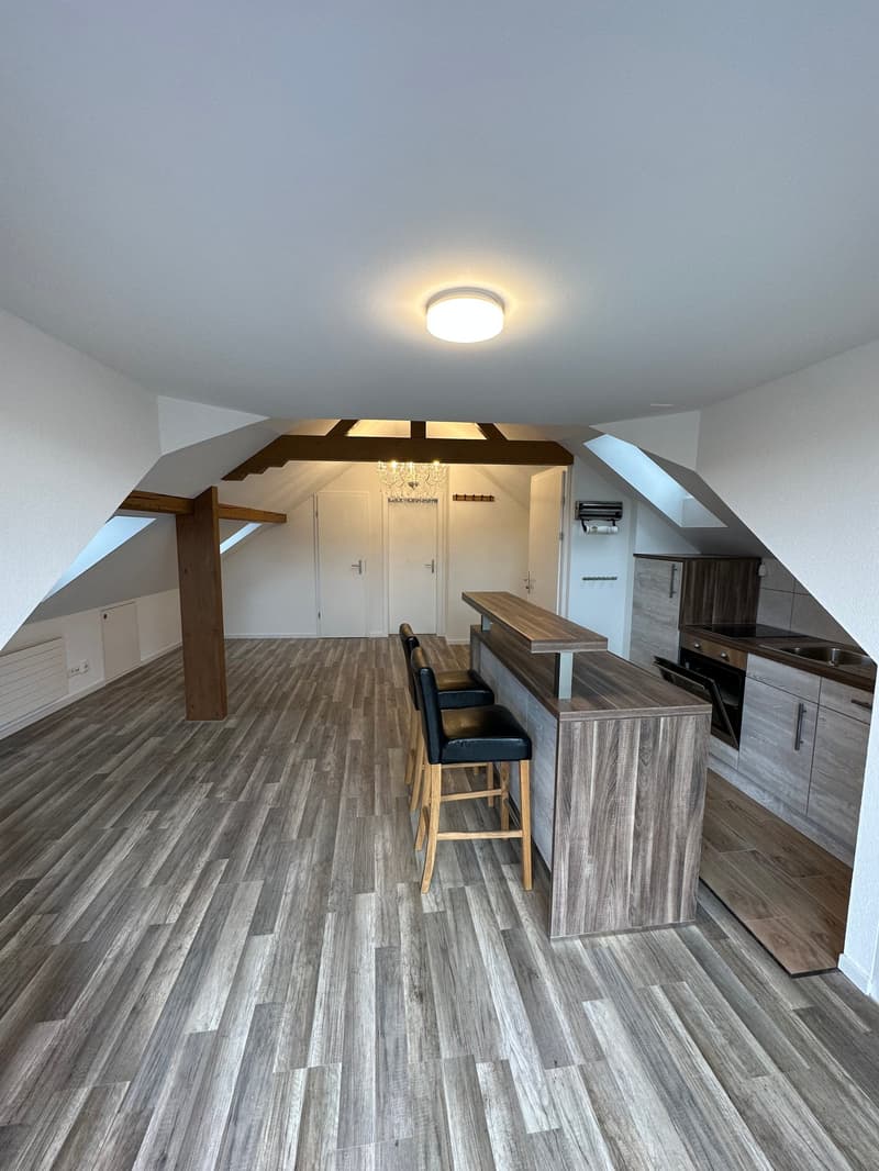 Open-concept studio apartment with hardwood-style flooring, exposed wooden beams, a kitchen counter with bar stools, and a dishwasher visible.