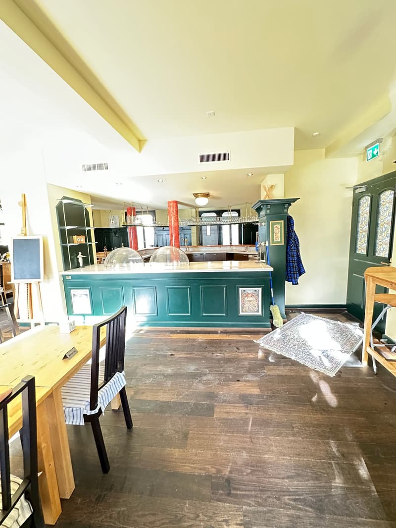 A room with a wooden desk, wooden chairs, a green counter, shelves, ceiling lamps, a rug on the floor, and an exit sign