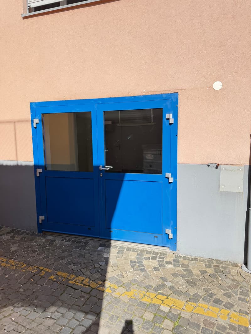 Blue double doors, metal frame, glass panels, located on a cobblestone street