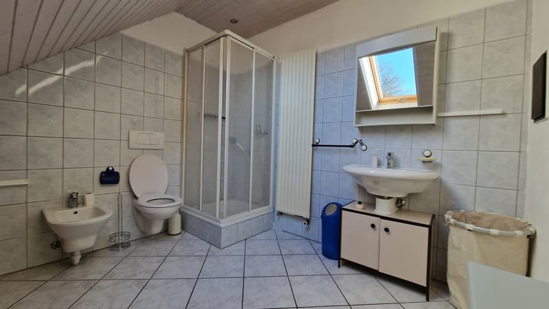 A modern bathroom with white tiled flooring, a glass-enclosed shower, a vanity with a sink and mirror, and a toilet.
