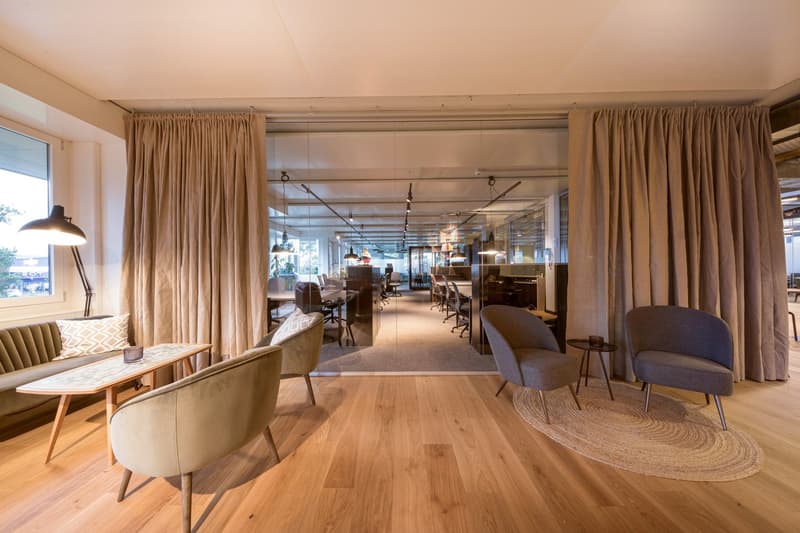 modern design, hardwood floors, glass partition, large windows, comfortable chairs, tables, lamps
