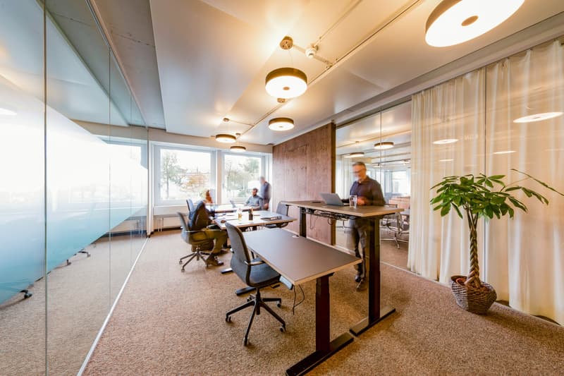 large open space with desks, office chairs, standing desks, people working on laptops, white curtains, carpeted floor, windows with view to outside