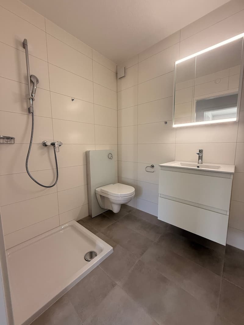 white tile walls, grey tile floor, shower with shower head, white toilet, white vanity with sink, silver faucet, large mirror with under-light