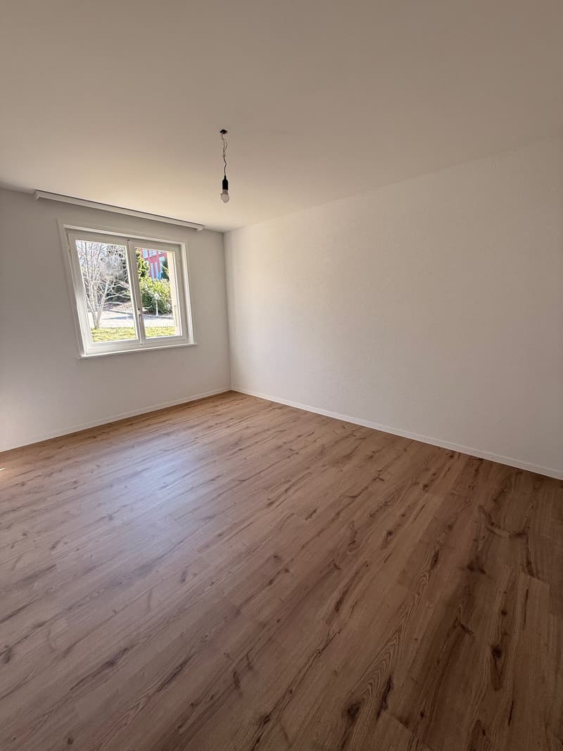 Empty room with white walls, wooden floors, a window on the left, and a light fixture hanging from the ceiling.