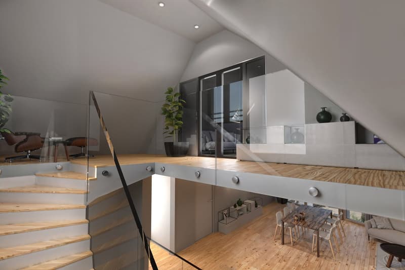 raised ground floor with a staircase, glass railings, wooden floors, balcony, living area with dining table, glass windows, indoor plants