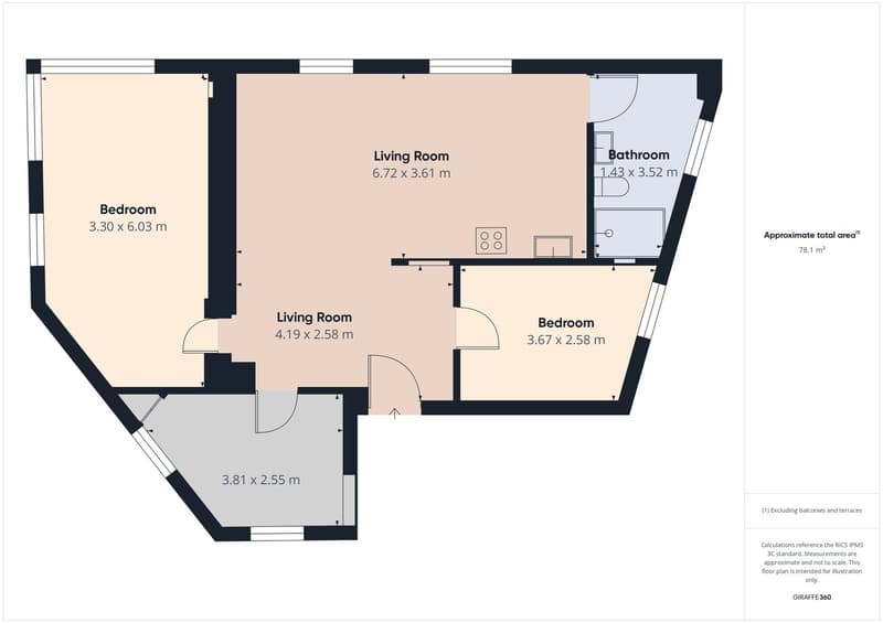 Floor plan with 2 living rooms, 2 bedrooms, 1 bathroom, and a kitchen