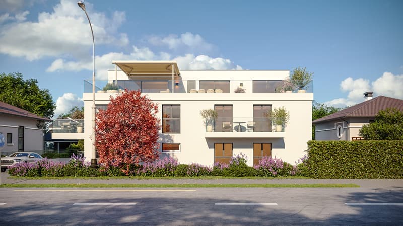 Modern white 2-storey house with glass walls and balconies, hedges, purple flowers, tree, street lamp, parked car