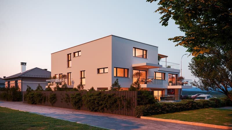 Modern 2-story house, white walls, multiple glass windows, balcony, wooden fence, driveway, parking, well-maintained lawn
