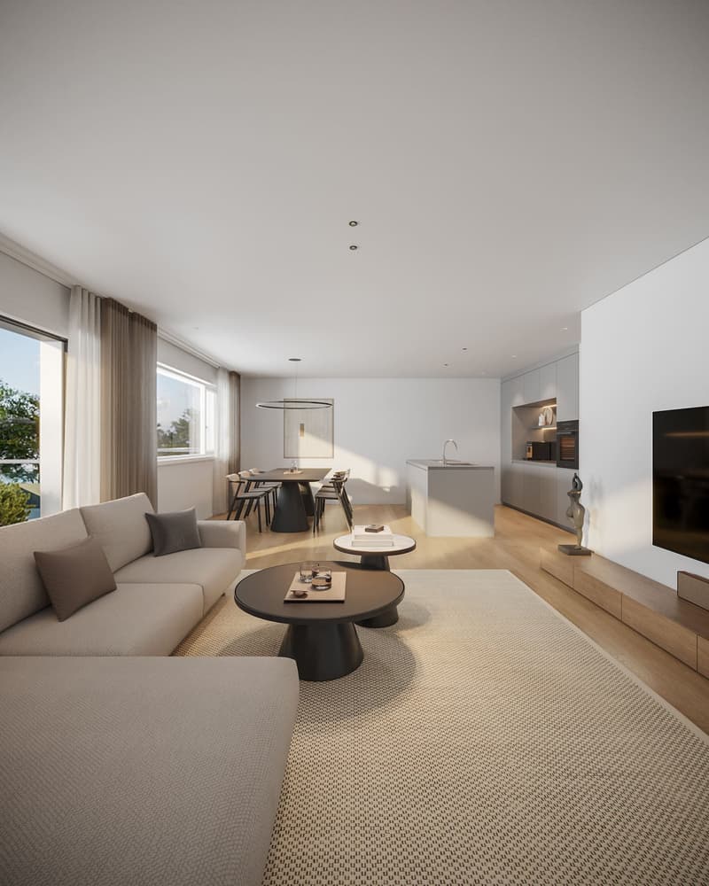 modern open-plan living room with a dining area, large windows, a fireplace, a white couch, two tables, and a modern kitchen