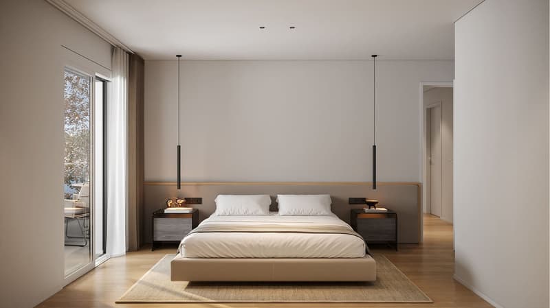 modern style, large bed, wooden floor, white walls, bedside tables, lamps, white curtains, sliding glass doors to balcony