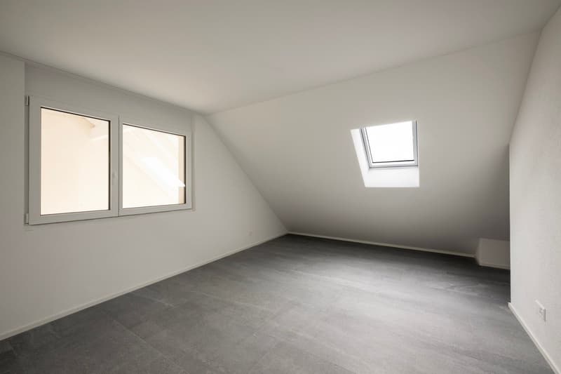 empty room with two windows, gray floor, one skylight