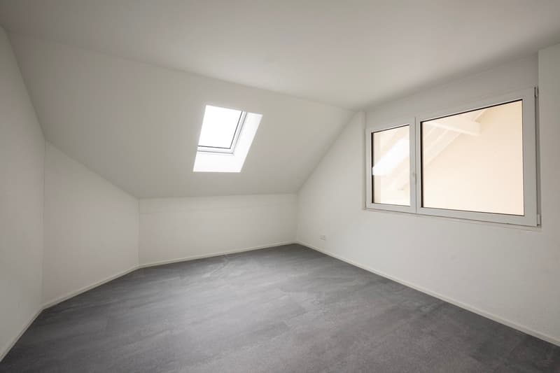 empty room, gray floor, white walls, 1 window, skylight