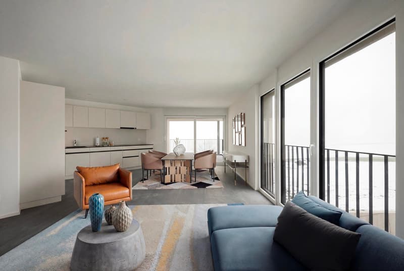 open floor plan, large windows, balcony, modern furnishings, neutral color scheme