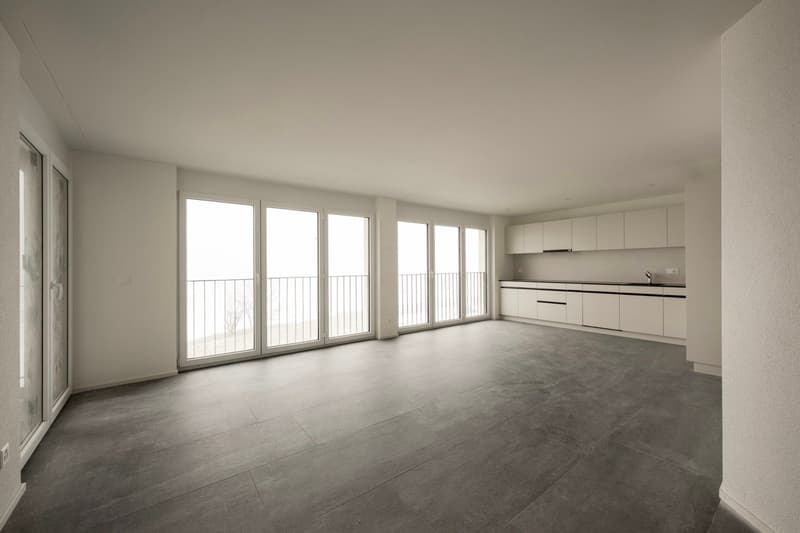Spacious open space, gray tiles, white walls, sliding doors, balcony, white kitchen cabinets, white countertops, modern faucet, minimalistic design