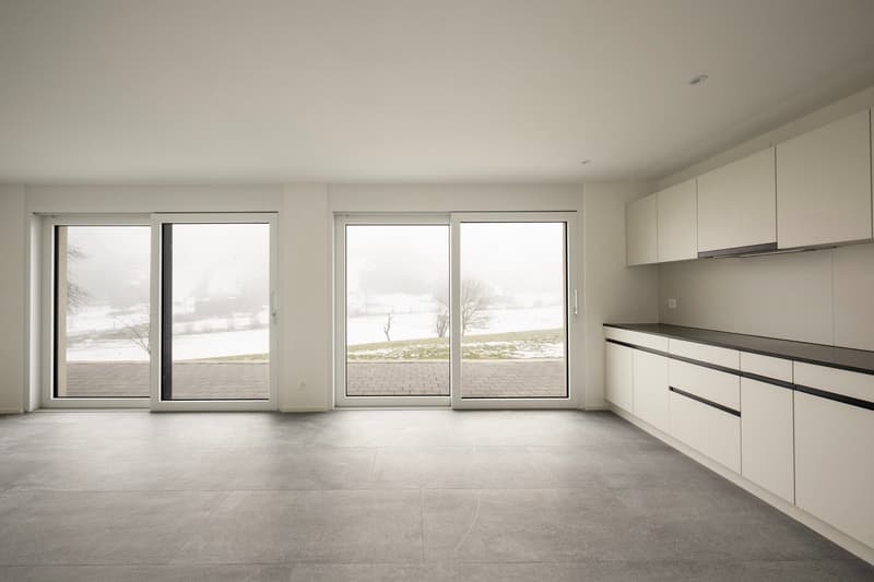 White walls, large windows, sliding doors, gray floor, kitchen area