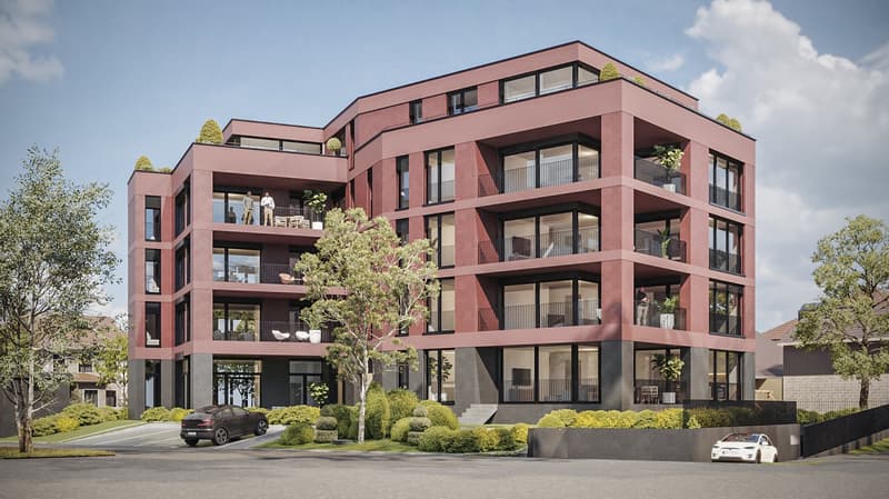 multistory building, modern design, red brick walls, glass windows, balconies, entrance, car parked