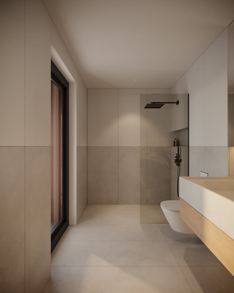 Bathroom with walk-in shower, contemporary design, light-colored walls and tiles
