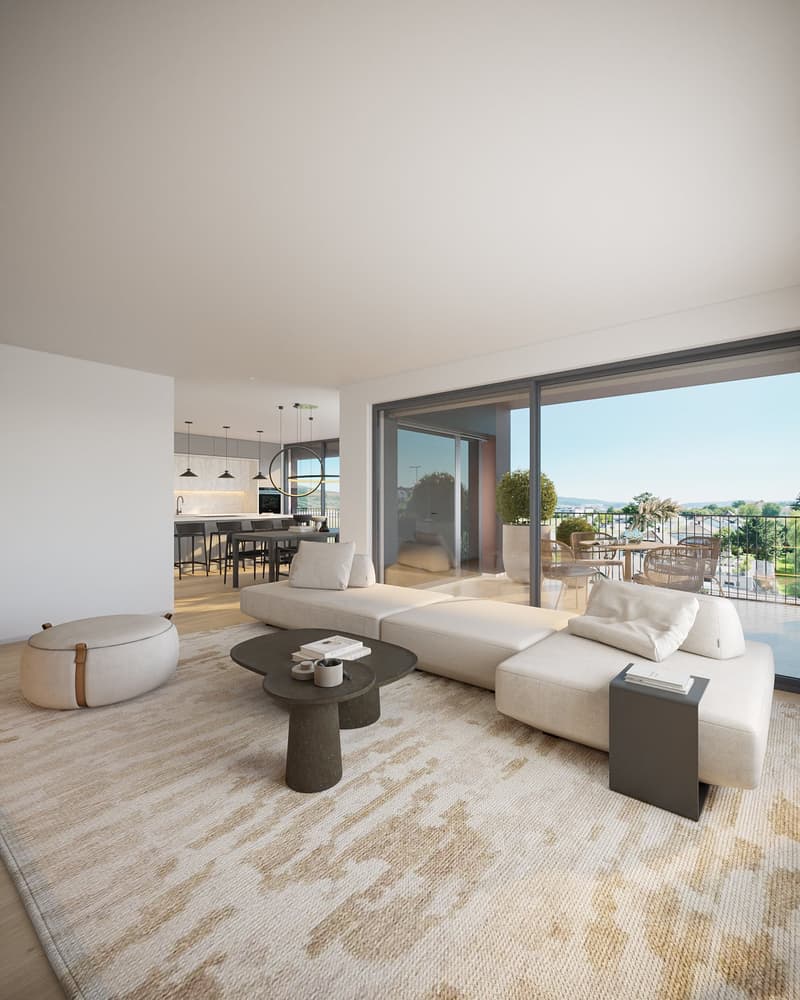Minimalistic living room, large windows, white couch, coffee table, rug, balcony with table and chairs