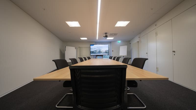 Large conference table with black chairs, projector screen, and overhead lighting in a modern office space