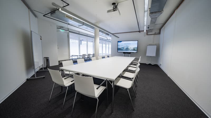 Large conference table with white chairs, projector screen on the wall, overhead lighting, and large windows providing natural light