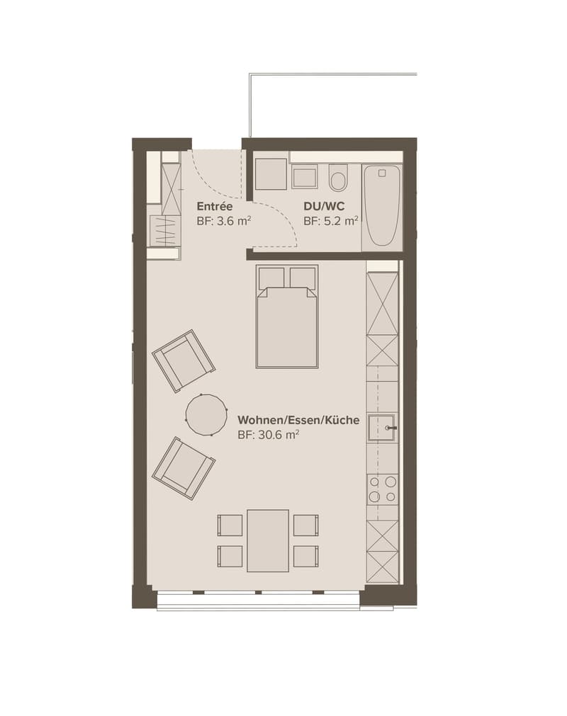 Entrance, DU/WC, living room/kitchen