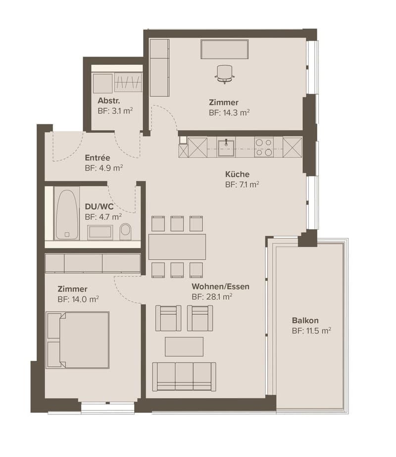 Entrance hall, kitchen, living room, 2 bedrooms, bathroom, WC, balcony