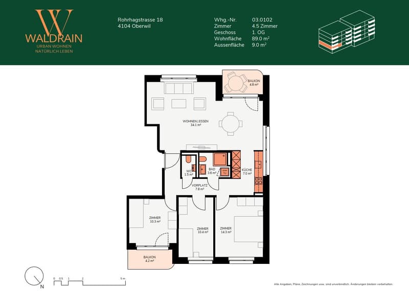 4.5 Zimmerwohnung in Oberwil - Urban wohnen, natürlich leben (4)