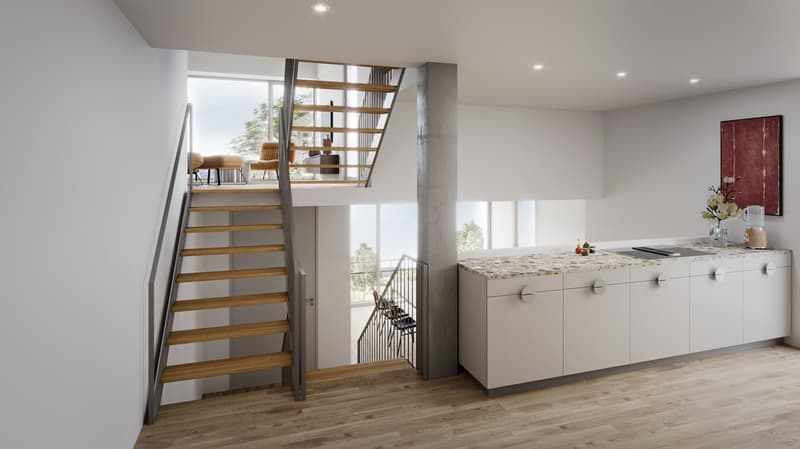White walls, wooden floor, modern staircase, railings, large windows, modern kitchen with granite countertop, white cabinets, modern kitchenware and decor