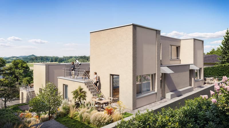 Two-story house with beige exterior, wooden and metal balconies, and stairs to terrace, located in scenic area