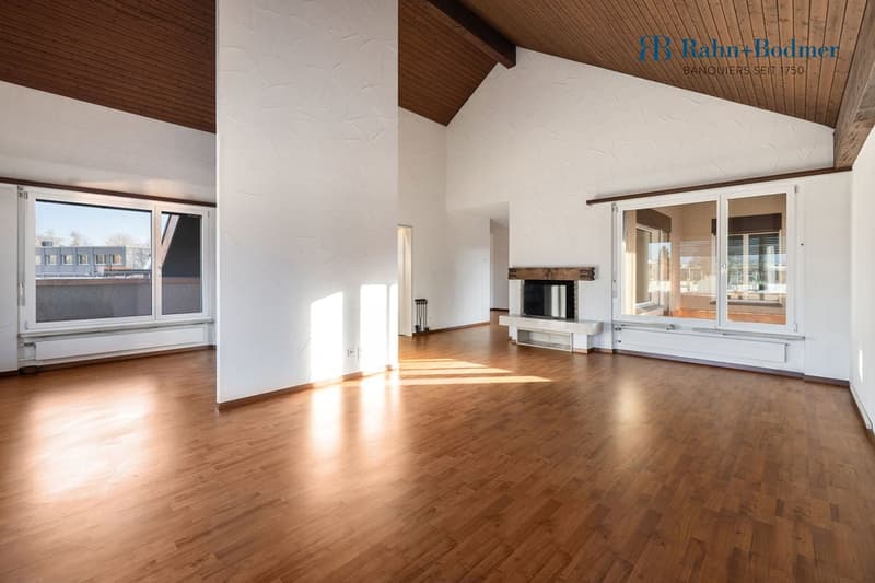 open room, wooden floor, fireplace, glass doors, white walls, sliding glass windows, modern design