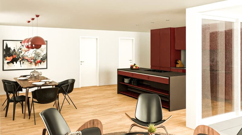 Dining room with wooden floor, modern black chairs, dining table, red kitchen cabinets, black kitchen island, modern pendant lights