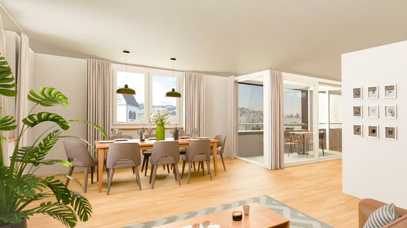 Dining room with wooden table, chairs, large windows, balcony, view of the outside