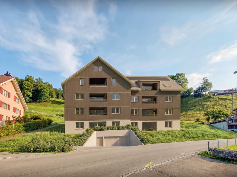 Modern apartment building, brown exterior, multiple balconies, underground garage