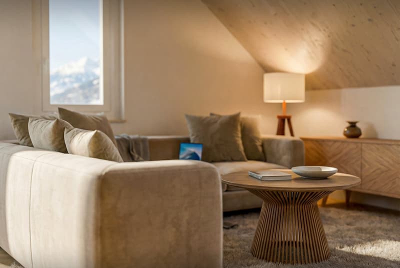 living room with sofa, coffee table, lamp, window, wooden cabinet, carpet