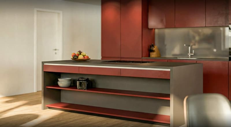modern kitchen with red cabinets, gray countertop, open shelves, gas stove, sink, faucet, bowl, fruit bowl, knife block