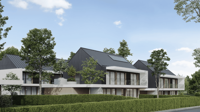 Modern architectural style, black and white exterior, solar panels on the roof, glass balconies, landscaped front area with hedges and trees