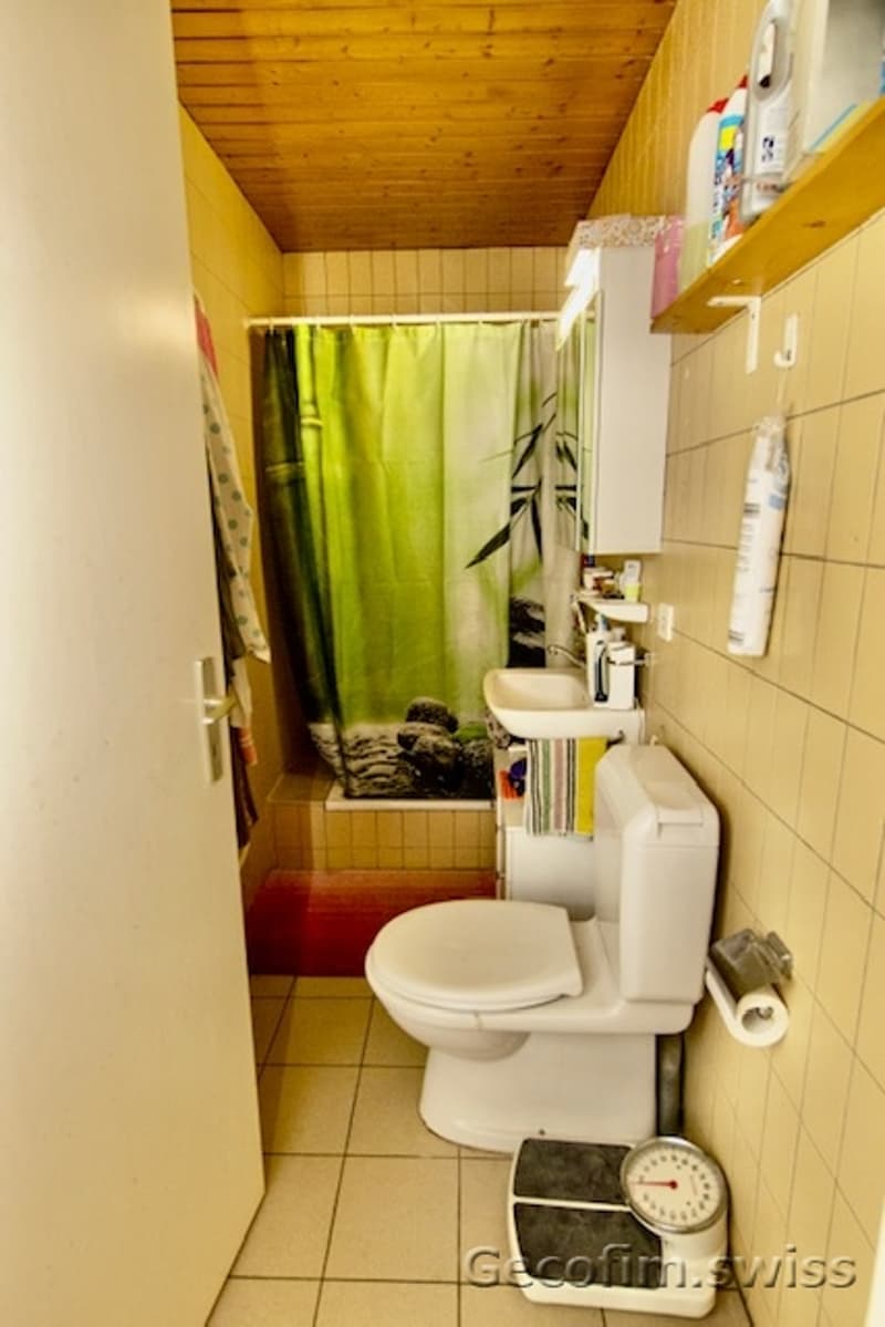 Small bathroom with toilet, sink, bathtub and wooden ceiling