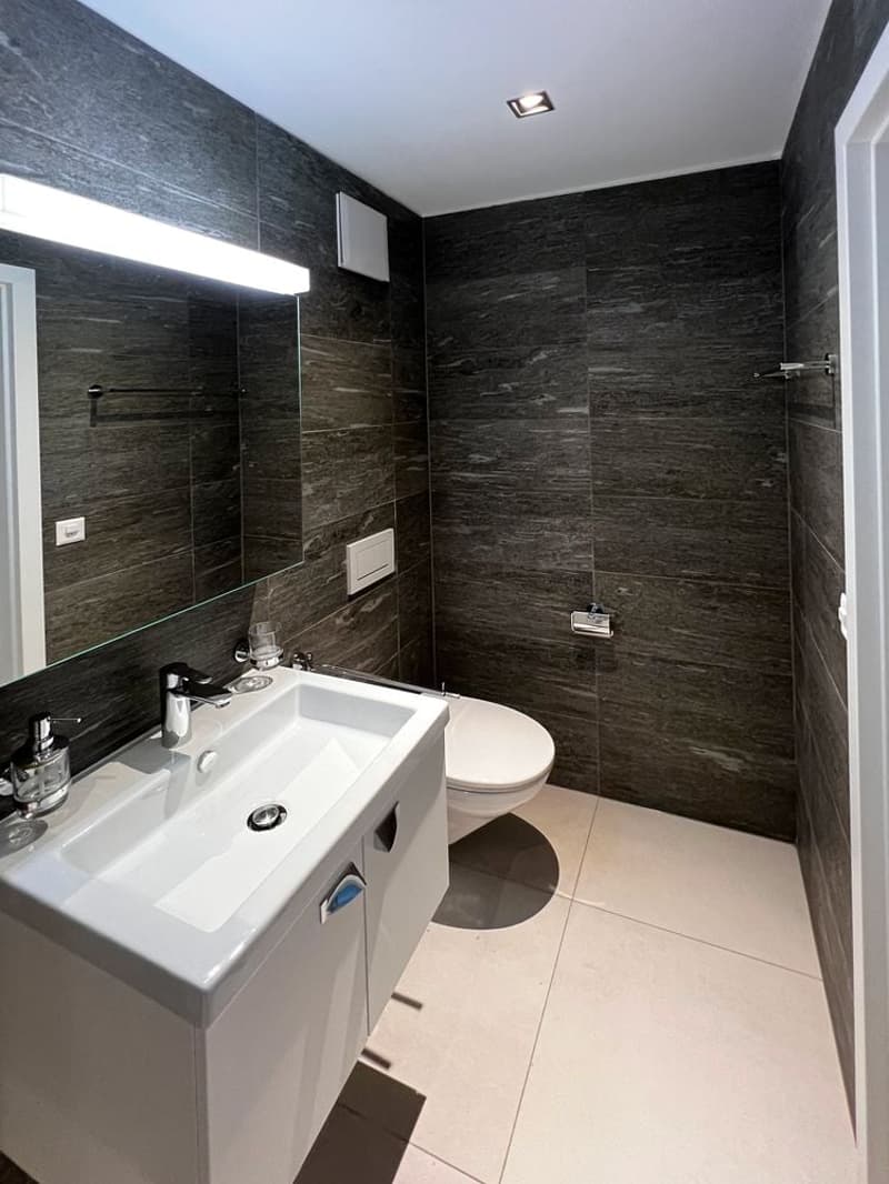 bathroom with black tiles, white porcelain sink, white toilet, large mirror, illuminated overhead