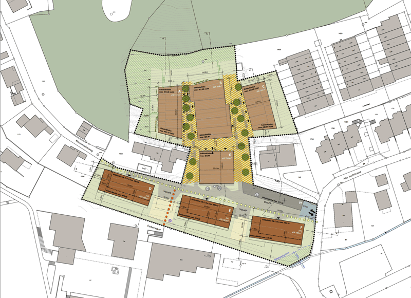 Buildings A, B, C, D, E, F, G, H, and parking lots