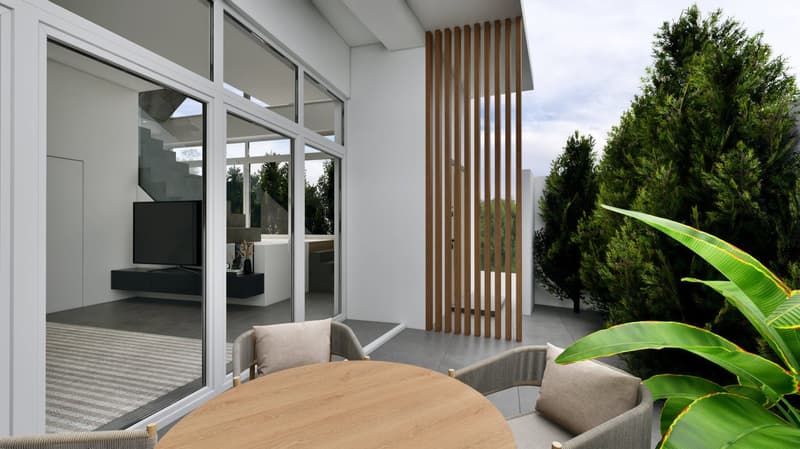 sliding glass doors, balcony, large windows, modern design, comfortable furniture